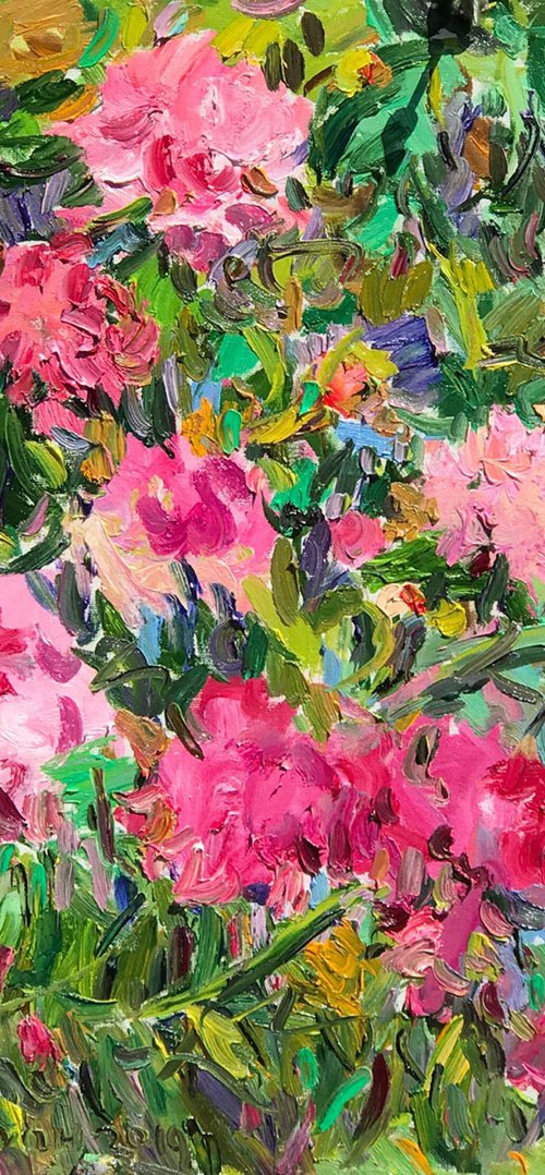 PEONIES - Floral art, landscape, original painting, oil on canvas, flowers in the garden, nature,  peony, pink flowers, bloom, interior art home decor, gift by Karakhan