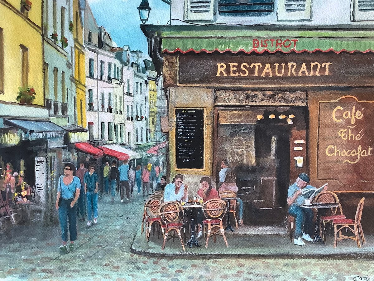 Impressionistic Cityscapes Painting By Darren Carey, 15 X 11, Paris Cafe, Busy Afternoon, Original Artwork
