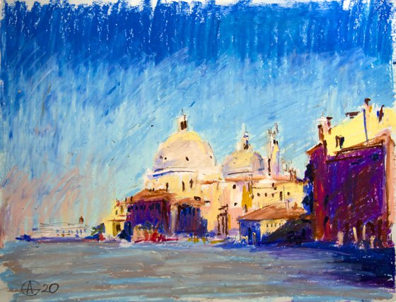 Venice in a morning light. Dreams about Italy series. Oil pastel painting. Original venice italy old town tower urban street landscape interior decor small canal blue sea