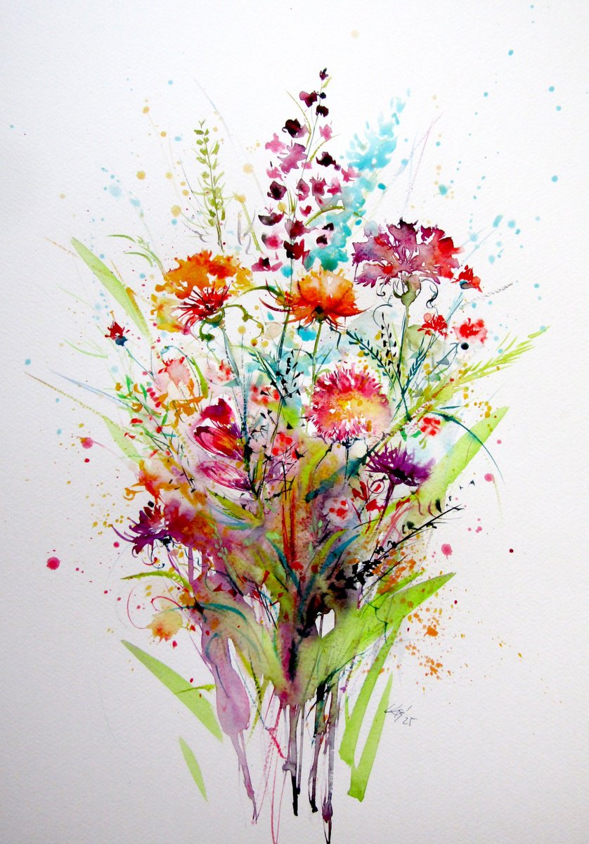 Impressionistic Watercolour , Colorful Wildflowers V By Kovacs Anna Brigitta, 14 X 20, Artwork For Sale On Artfinder