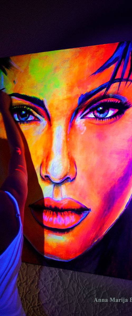 Angelina Jolie Contemporary Portrait Painting UVArt by Anna Marija Bulka
