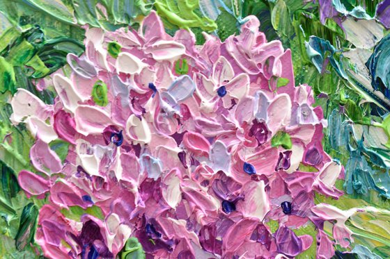 Blue and Pink Hydrangeas - Impasto Floral Acrylic Painting