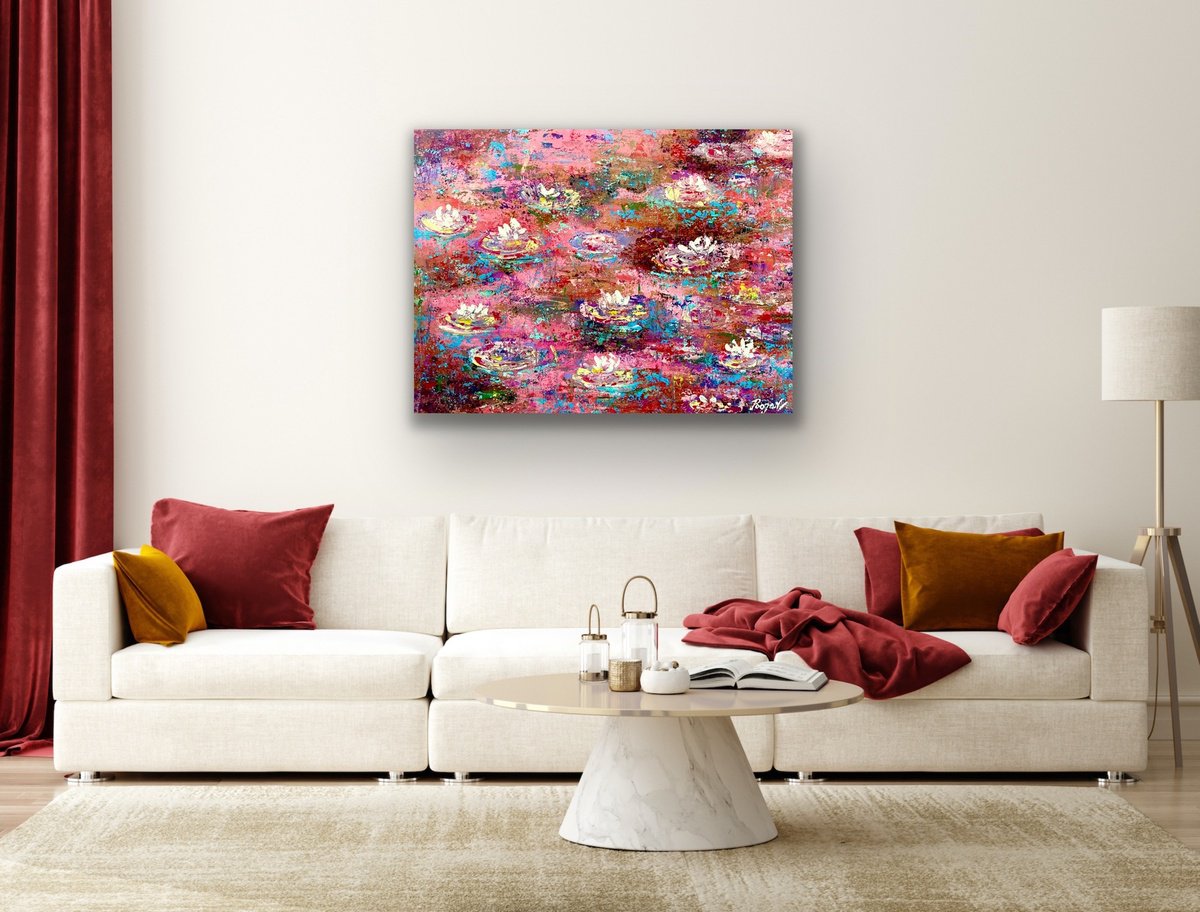 Impressionistic Botanical Acrylic Painting By Pooja Verma, 31 X 24", Silence Of The Pink Pond, Original Artwork