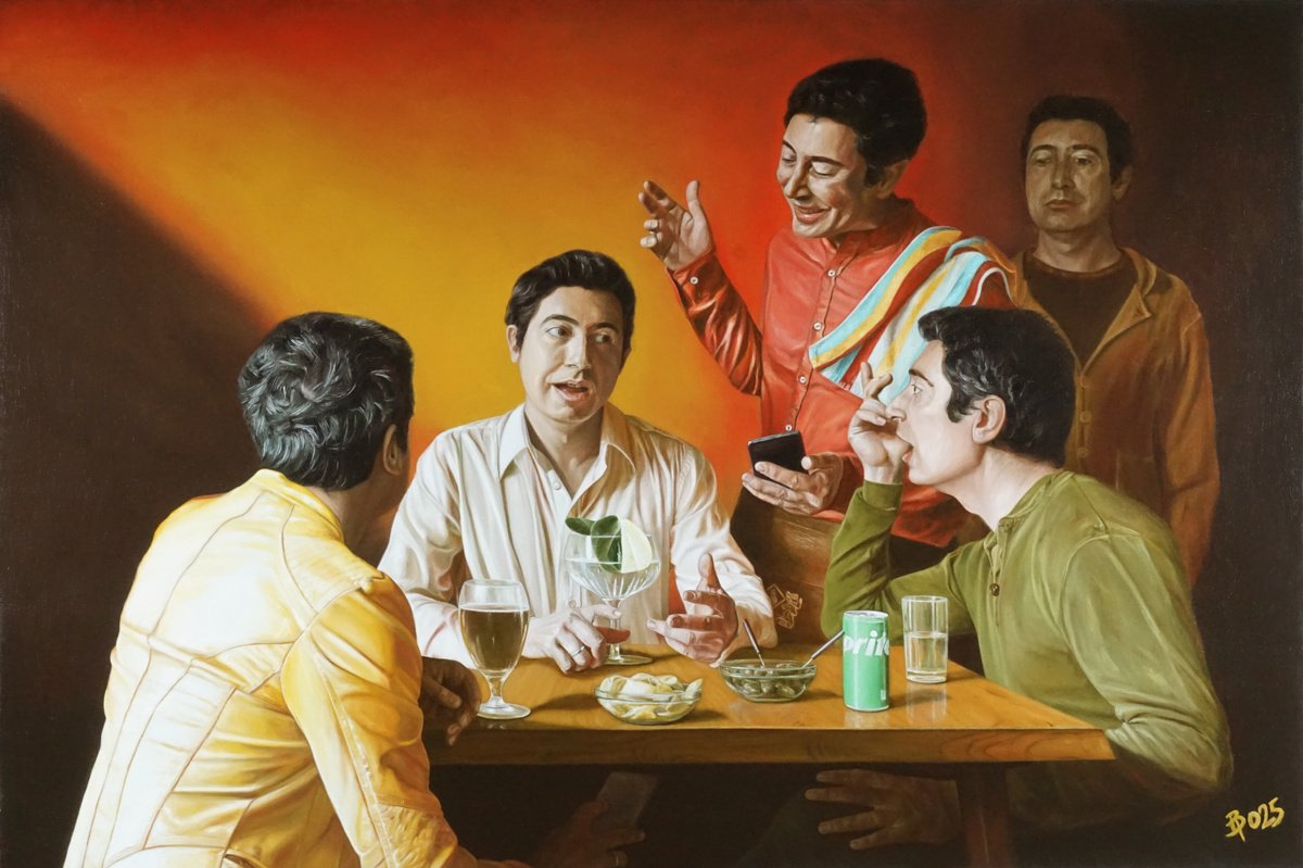 Photorealistic Portrait Oil Painting By Paolo Borile, 47 X 31", Conversation, Original Artwork