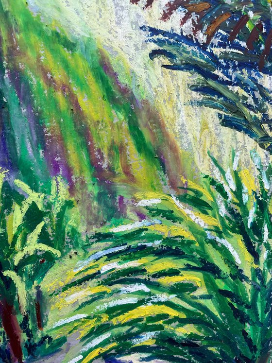Landscape Original Painting, Green Mountain Oil Pastel Drawing, Spain Nature Artwork, Canary Islands Wall Art