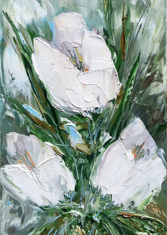 White tulips (22x40cm, oil painting, palette knife)