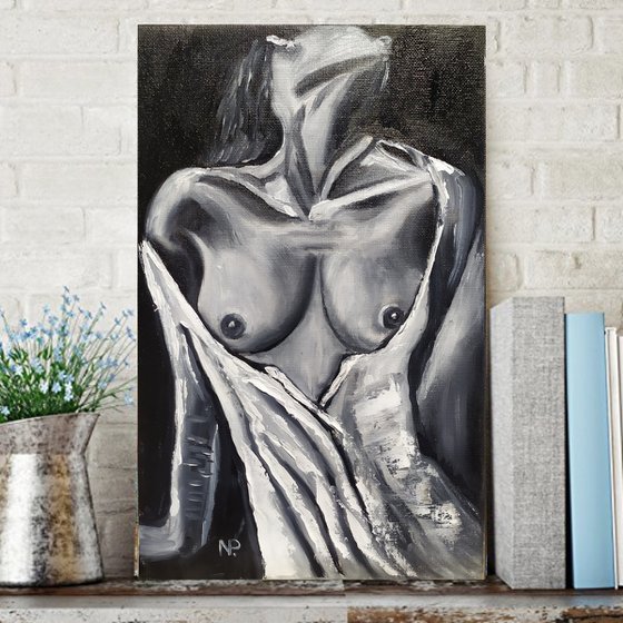 In silence, nude erotic black and white oil painting, gift art, bedroom painting