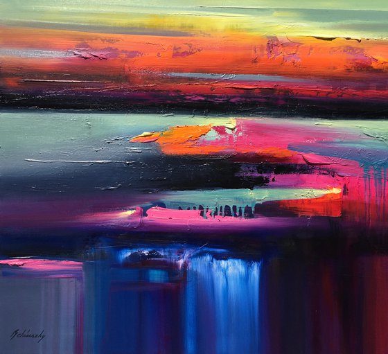 The Heat of the October Sun - 100 x 100 cm, abstract landscape oil painting in purple, blue and pink