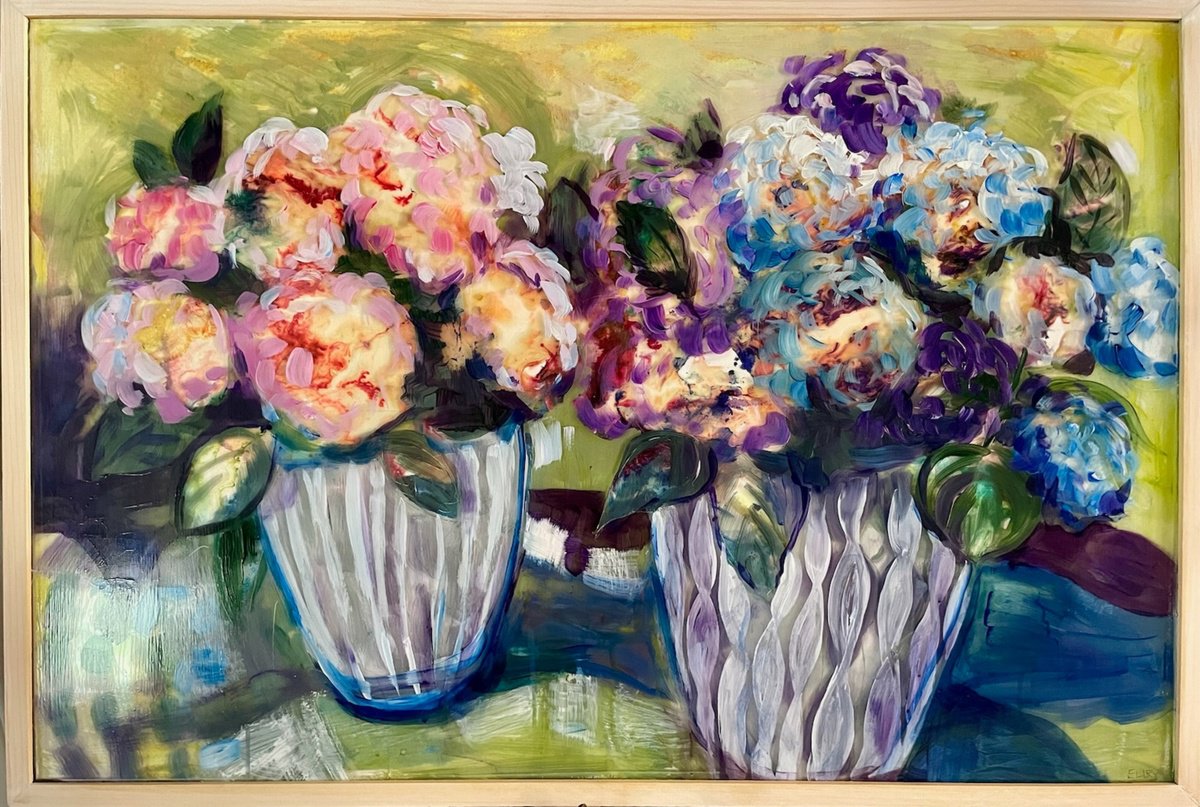 Impressionistic Botanical Painting By Eliry Arts, 37 X 24, Pink Or Blue?, Original Artwork