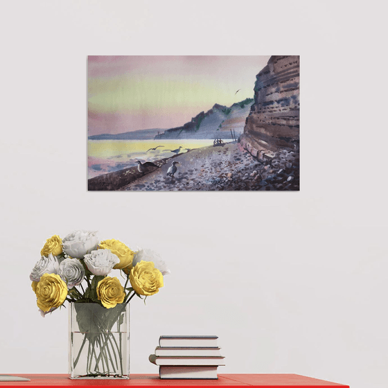 Summer evening by the sea. Seascape watercolor. Original watercolor painting - Gift for her - Gift for him - Ideas for gift