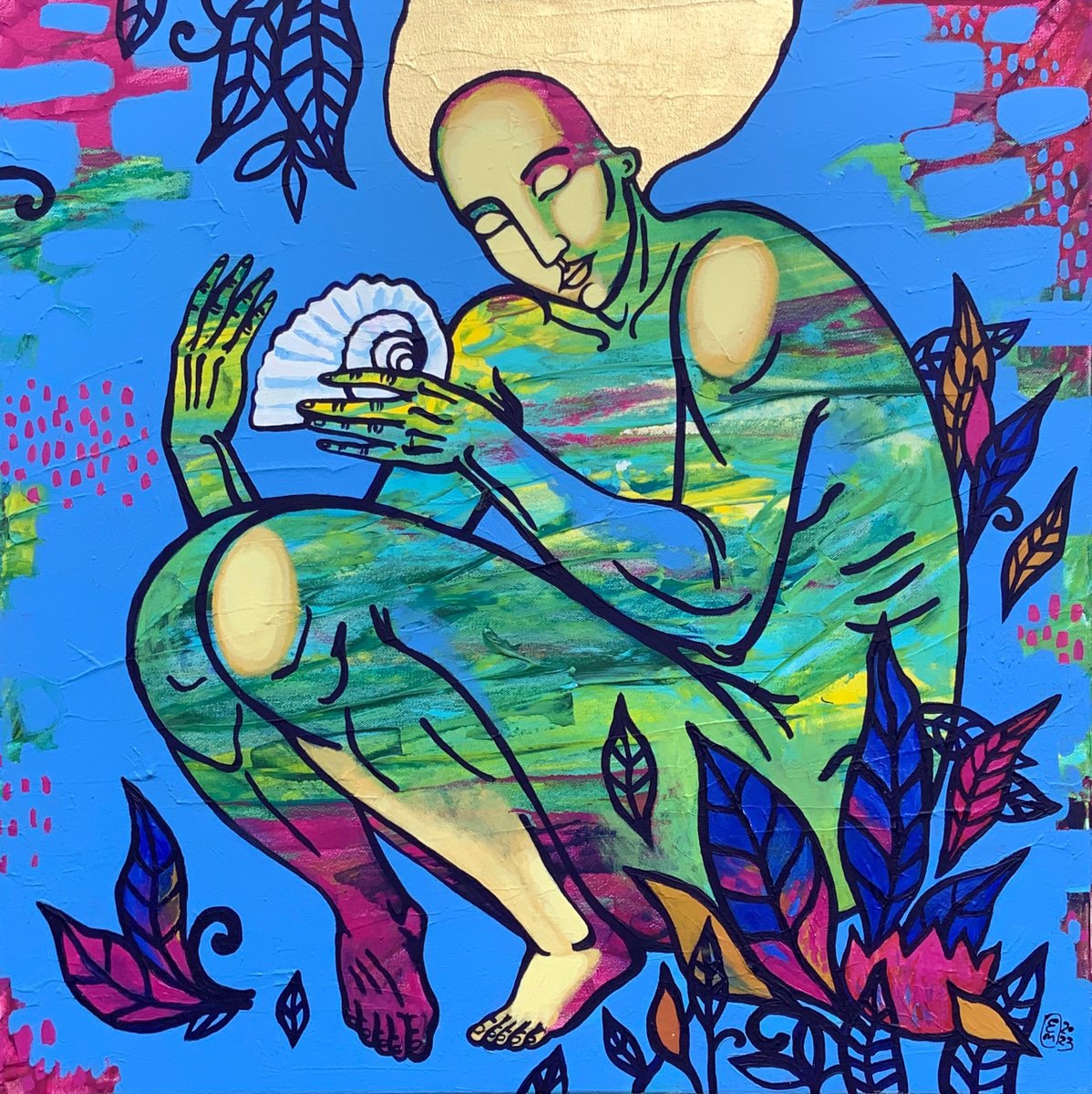 Surrealistic Portrait Acrylic Painting By Elena Tomilova, 24 X 24, River - Central Part, Original Artwork