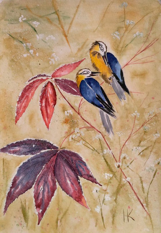 Chickadee Painting Bird Original Art Animal Watercolor Titmouse Artwork Home Wall Art 12 by 17" by Halyna Kirichenko