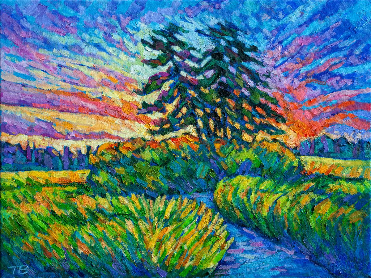Impressionistic Landscape Oil Painting By Tao Bai, 16 X 12", Sunset, Original Artwork