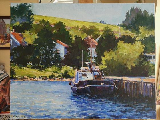 Noon by the mooring line, Original, one-of-a-kind acrylic on wide edge canvas painting (16x20'')