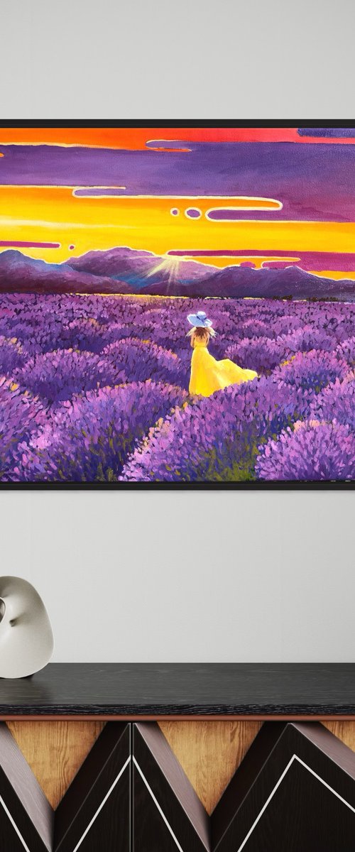 Lonely woman in lavender field by Volodymyr Smoliak