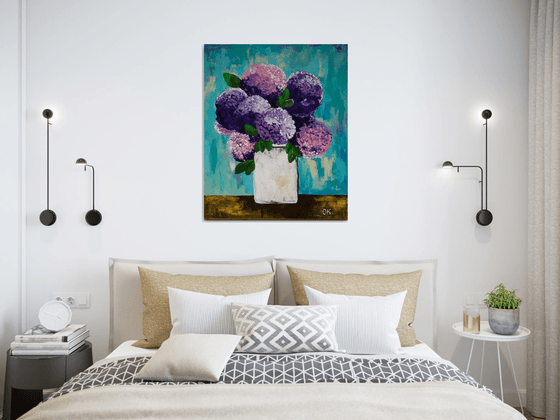 BOUQUET OF Purple and Pink  hydrangea in a white vase palette  knife Original Acrylic painting office home decor gift