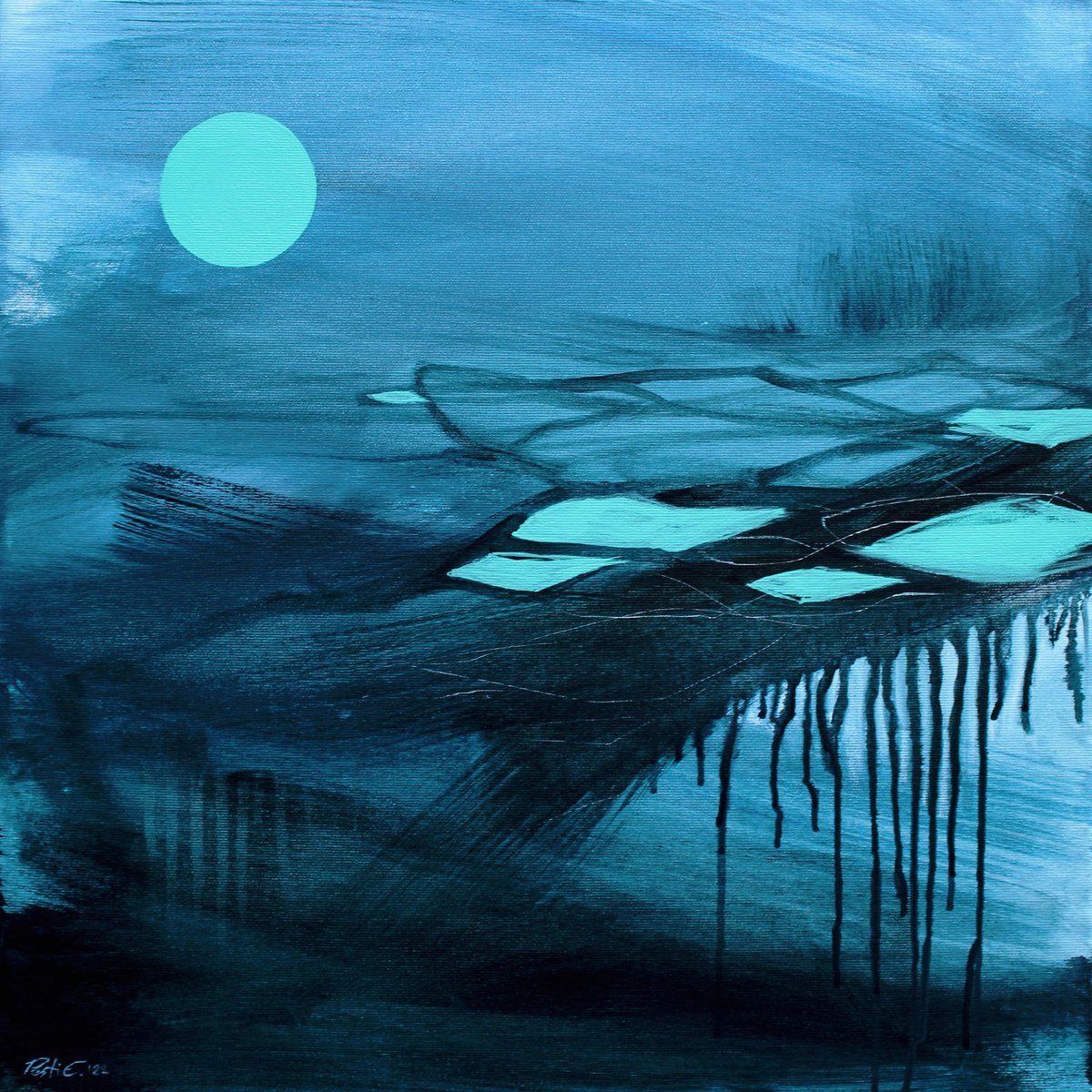 Abstract Landscape Oil Painting By Emma Pesti, 20 X 20, Ice Floes 2., Original Artwork