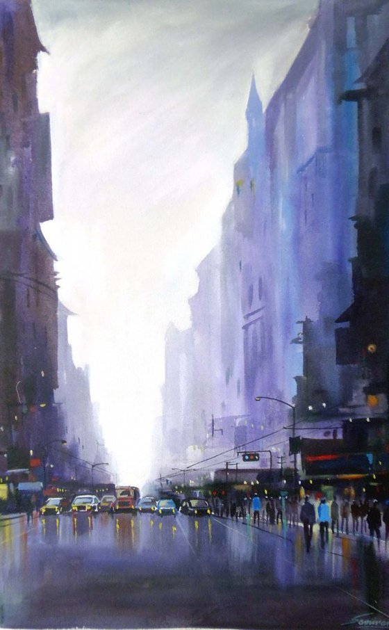 City Street at Rainy Day-Acrylic on Canvas Acrylic painting by Samiran  Sarkar