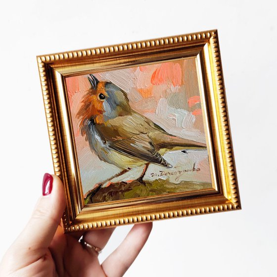 Bird painting original, Robin bird art painting framed miniature artwork 4x4 inch