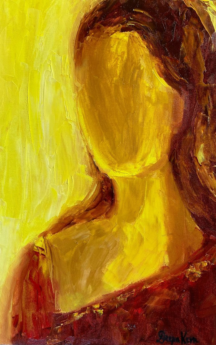 Organic Portrait Oil Painting By Deepa Kern, 14 X 22, Lady In Red, Original Artwork