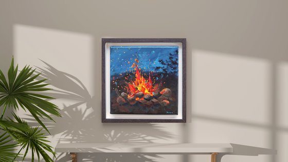 Bonfire - original painting, framed, ready to hang