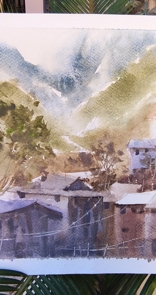 Dalat original watercolour painting, houses on the hills Dalat Vietnam, impressionist art Vietnam, contemporary small art, painting of house by Dawna Mae Mangeart