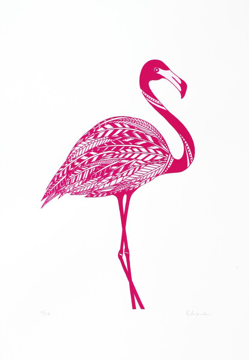 Illustrative Animal Screenprint By Kath Edwards, 14 X 20", Pink Flamingo, Original Artwork