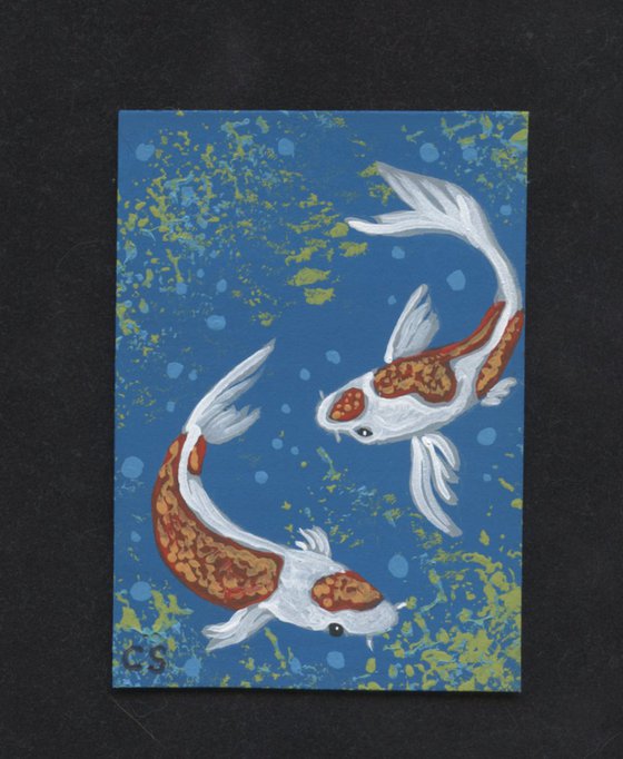 ACEO ATC Original Miniature Painting White Orange Koi Goldfish Pond Art-Carla Smale