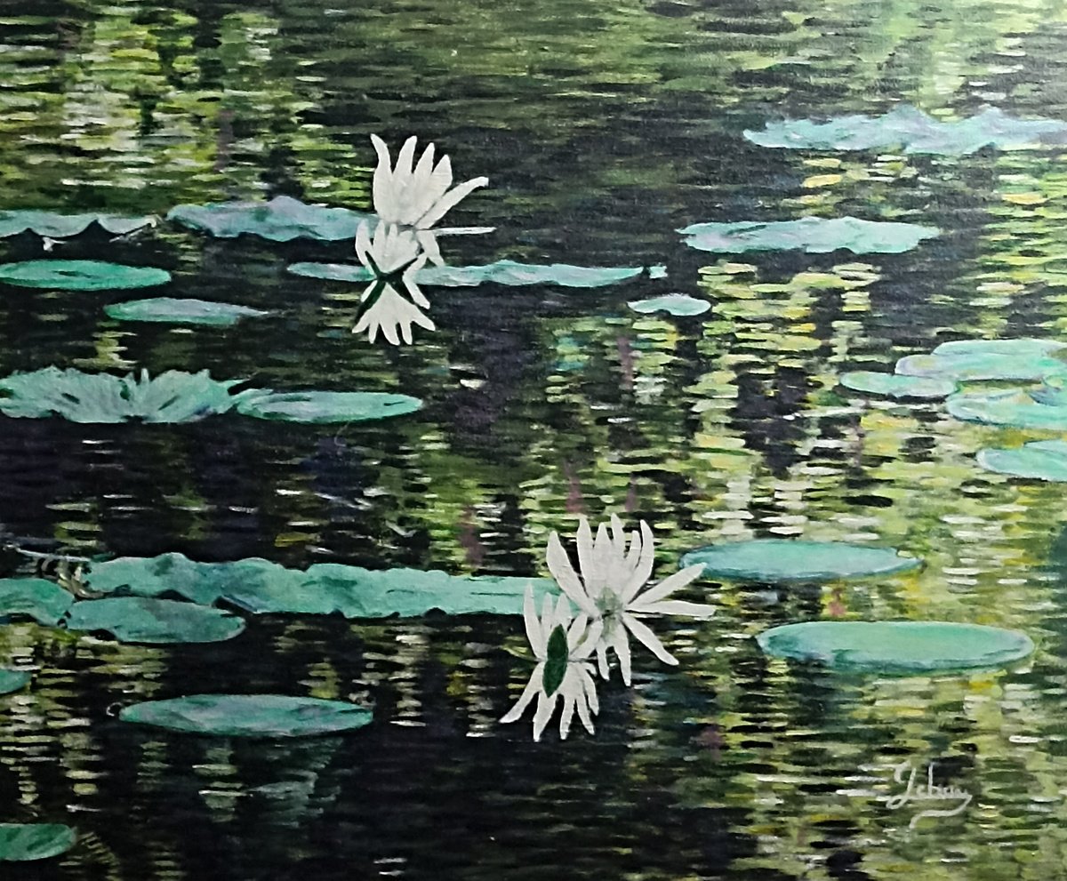 Impressionistic Botanical Oil Painting By Isabelle Lucas, 22 X 18, Waterlilies 2, Original Artwork