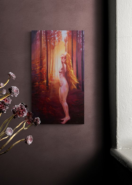 Dancing in the dawn. Forest Red-haired Nymph portrait