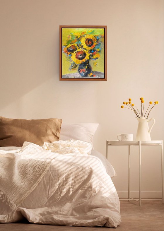 Sunflowers in a Black Vase