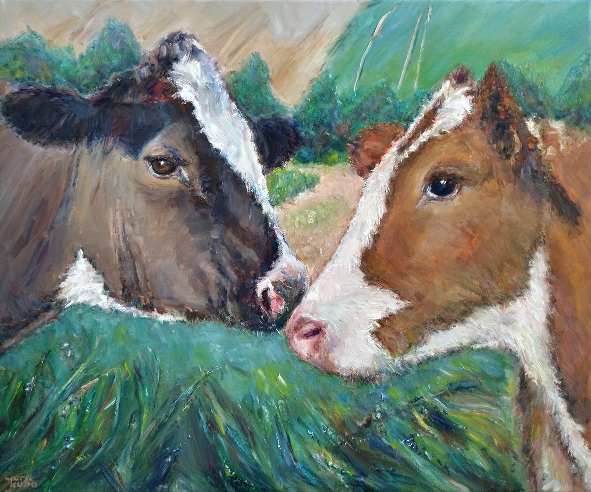 Photorealistic Oil Painting , Two Cows By Jura Kuba Art, 24 X 20, Artwork For Sale On Artfinder