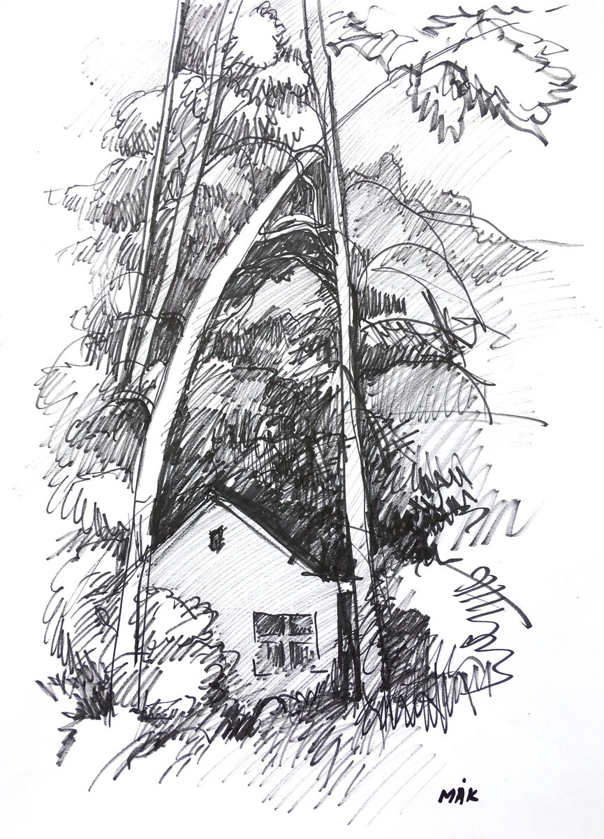 SMALL HOUSE IN THE WOODS 2 - small graphic landscape on paper black and white gift idea ho... by Irene Makarova