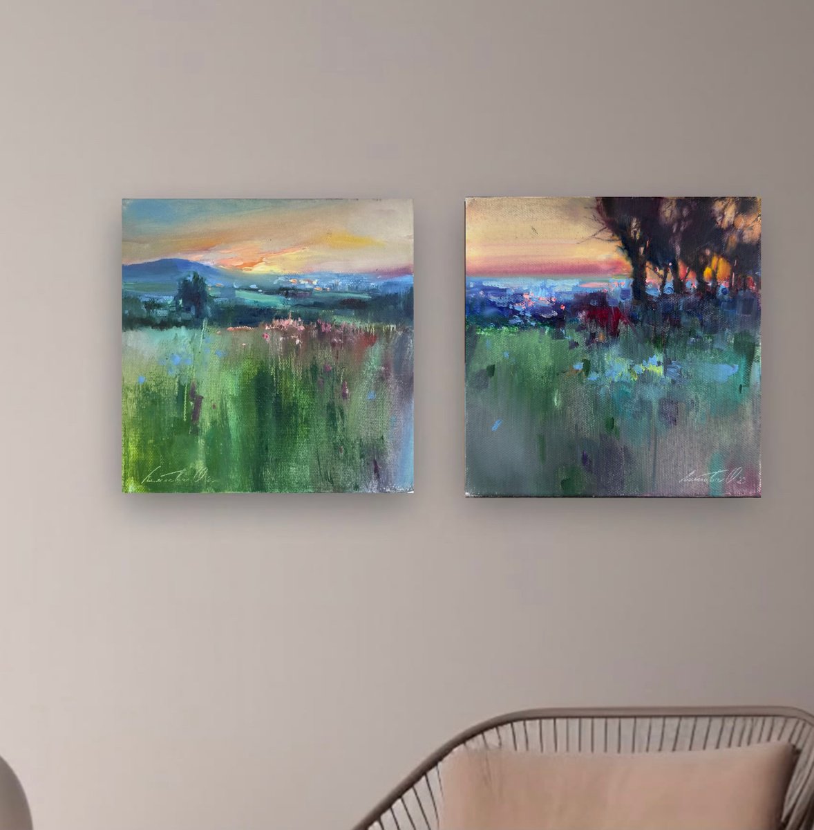 Impressionistic Landscape Oil Painting By Olha Laptieva, 16 X 8", Beautiful Evening, Original Artwork