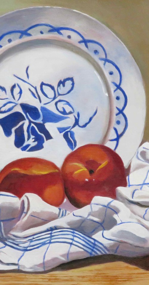 Peaches and Tea towel by Anne Zamo