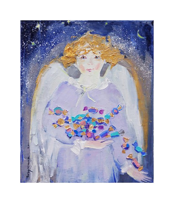 Christmas angel with sweets | Christmas little series | Original oil painting