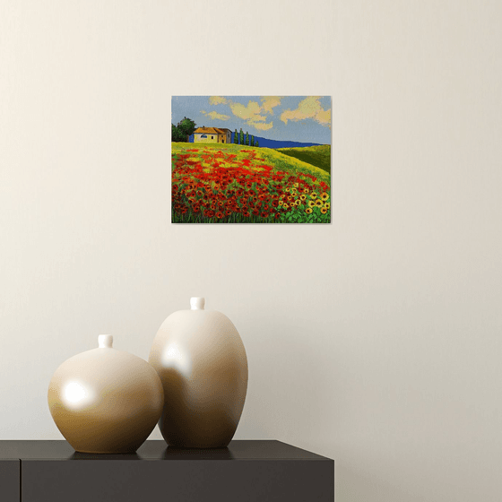 Tuscan landscape! Red poppy and sunflowers field! Ready to hang