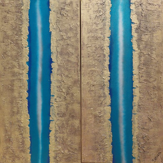 blue stripe & gold long painting A938 50x200x2 cm decor Vertical original abstract art Large paintings stretched canvas acrylic art industrial metallic textured wall art by artist Ksavera