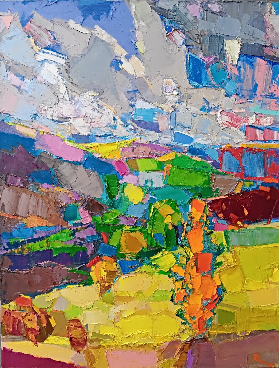 Abstract Landscape Oil Painting By Ruslan Khais, 26 X 34", Fs Clouds Over The Mountains, Original Artwork