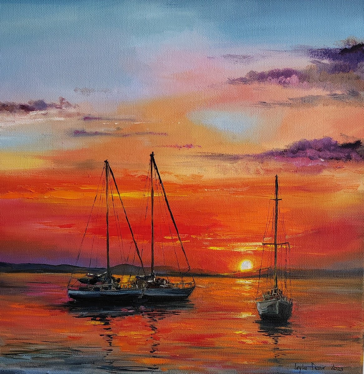 Impressionistic Landscape Oil Painting By Leyla Demir, 16 X 16", Sailing Boats At Sunset, Original Artwork