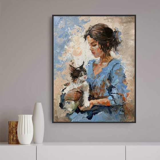 Girl in blue dress with cat.