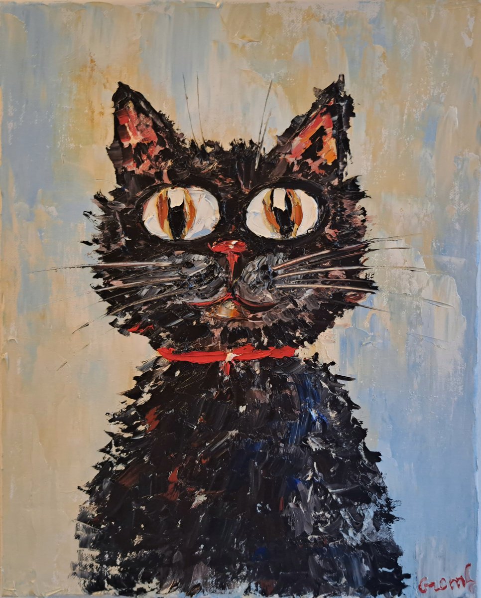 Impressionistic Animal Oil Painting By Oksana Fedorova, 12 X 16", Portrait Black Cat, Original Artwork