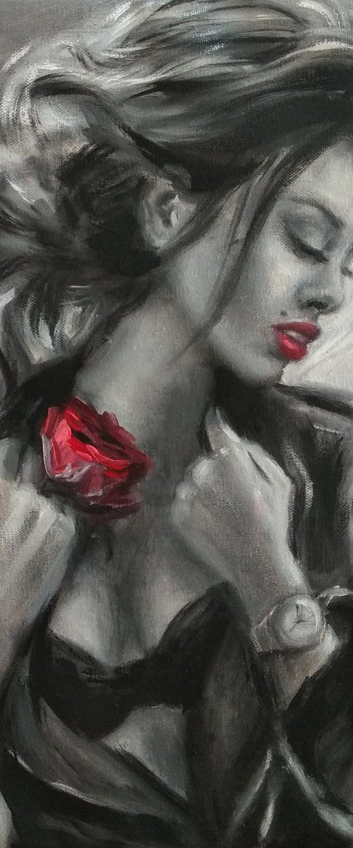 Sexy Woman Portrait Black and White Beautiful Lady with Red rose by Anastasia Art Line