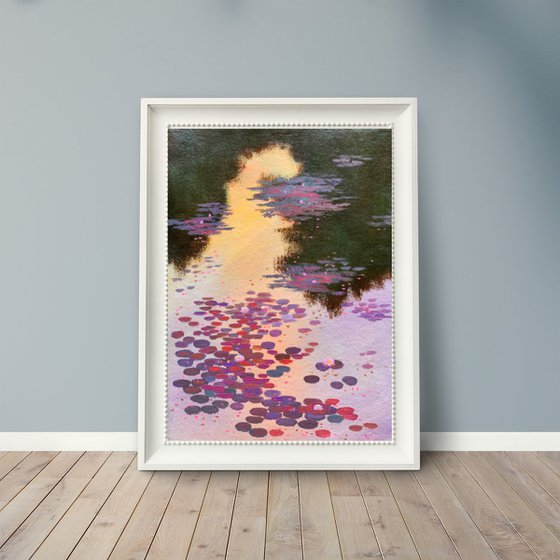 Sunset glow on lily pond! A3 size Painting on Indian handmade paper