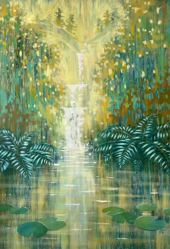 Sparkling Waterfall by an Emerald Forest Pond
