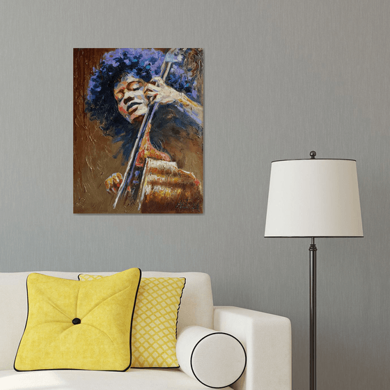 Blues , portrait of a musician with a double bass