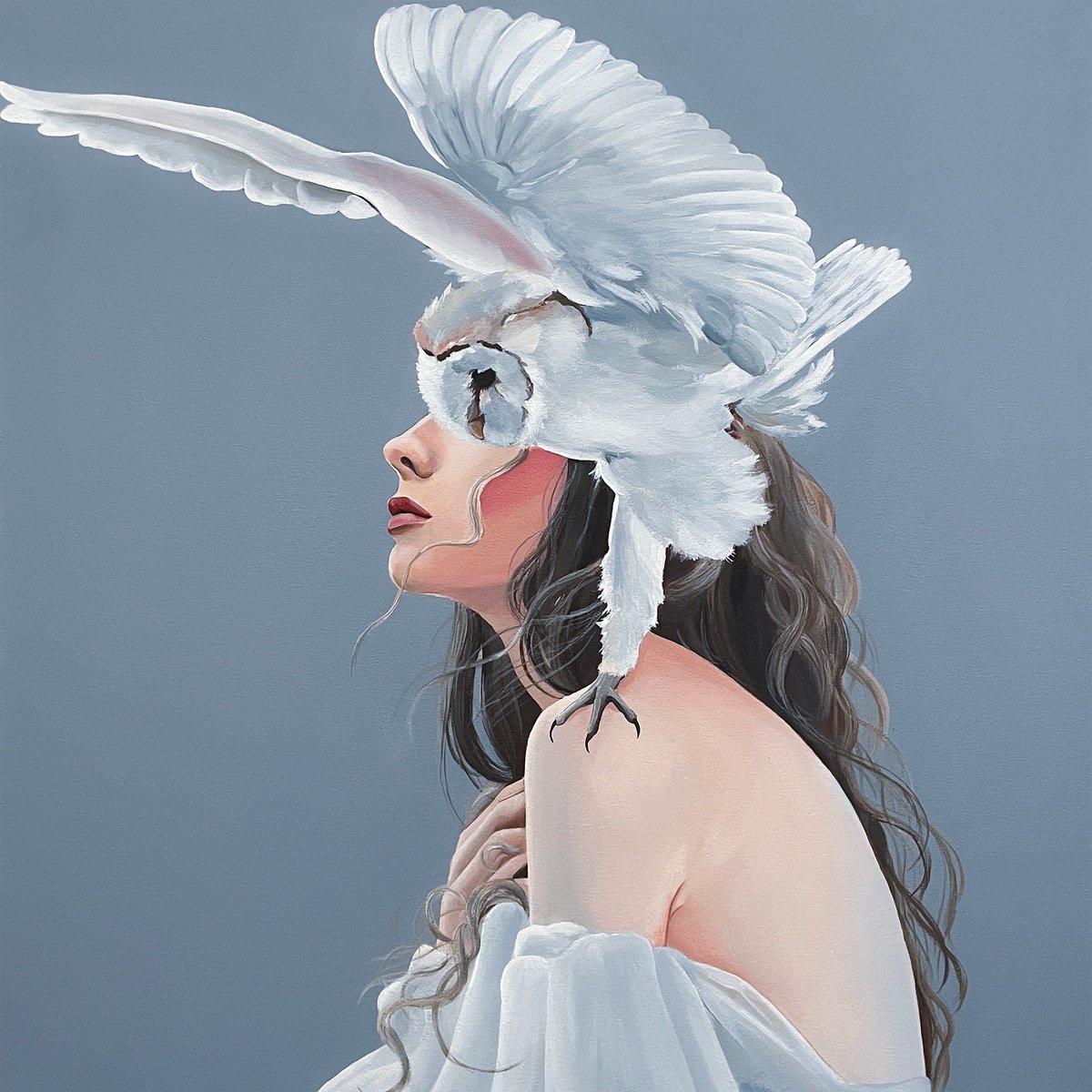 Portrait Acrylic Painting By Elina Zelena, 24 X 24, Girl And Owl, Original Artwork