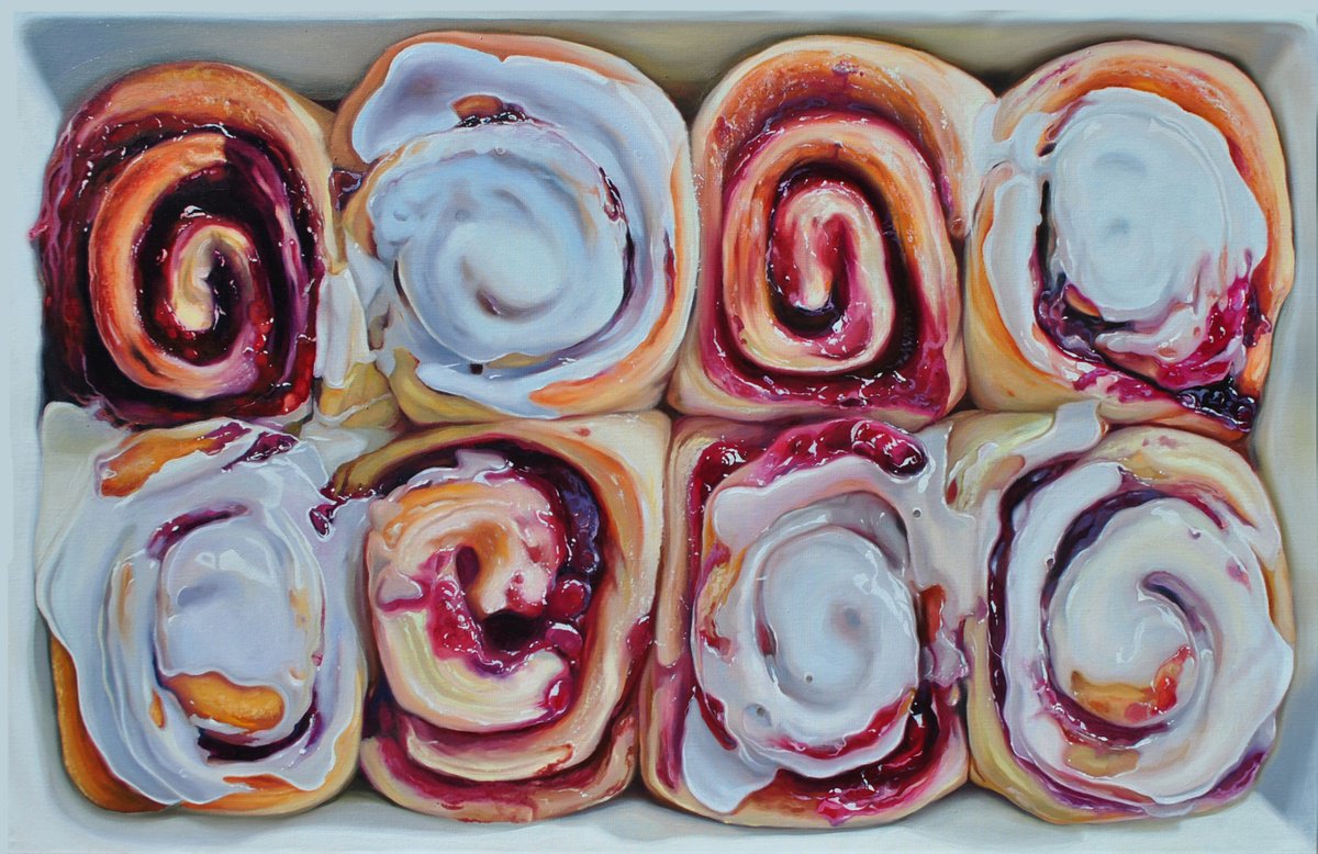 Photorealistic Still Life Oil Painting By Anna Shevel, 46 X 30, Cinnamon Rolls With Jam, Original Artwork