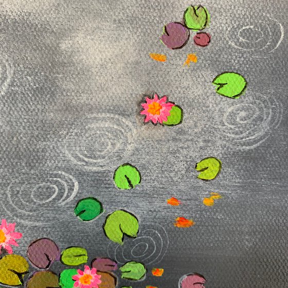 Grey water lilies II ! Small Painting!!  Ready to hang