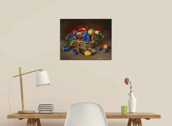 Fruit in a Basket Canvas Wall Art, Colorful Artwork, Original Still life